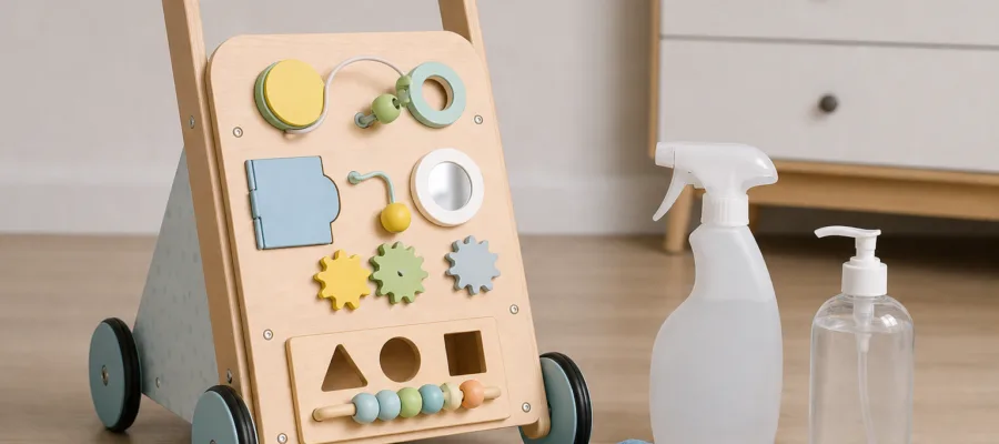 Desinfektion von Lauflernwagen: sichere Mittel und richtige Anwendung fuer Kinderartikel