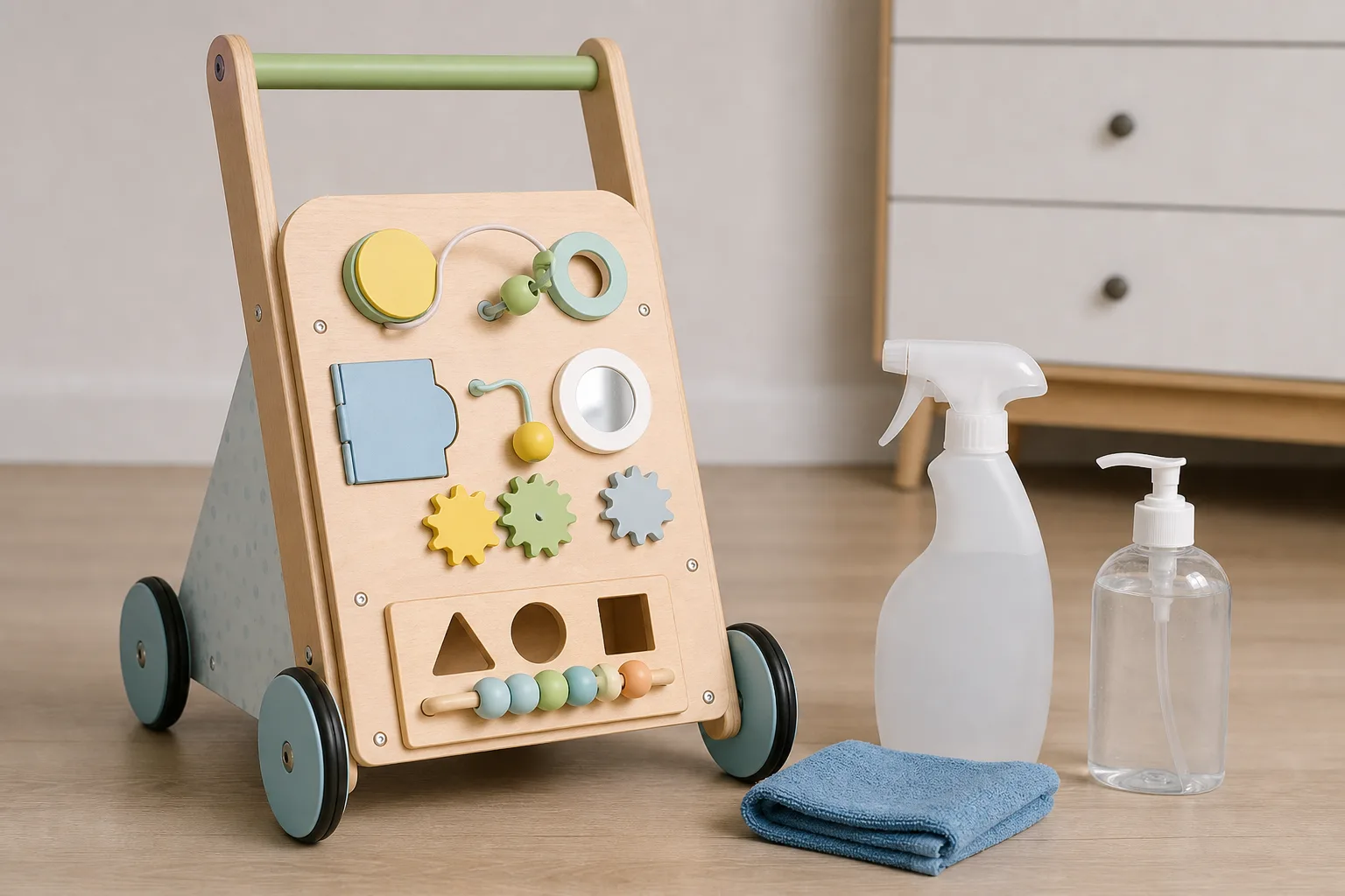 Desinfektion von Lauflernwagen: sichere Mittel und richtige Anwendung fuer Kinderartikel