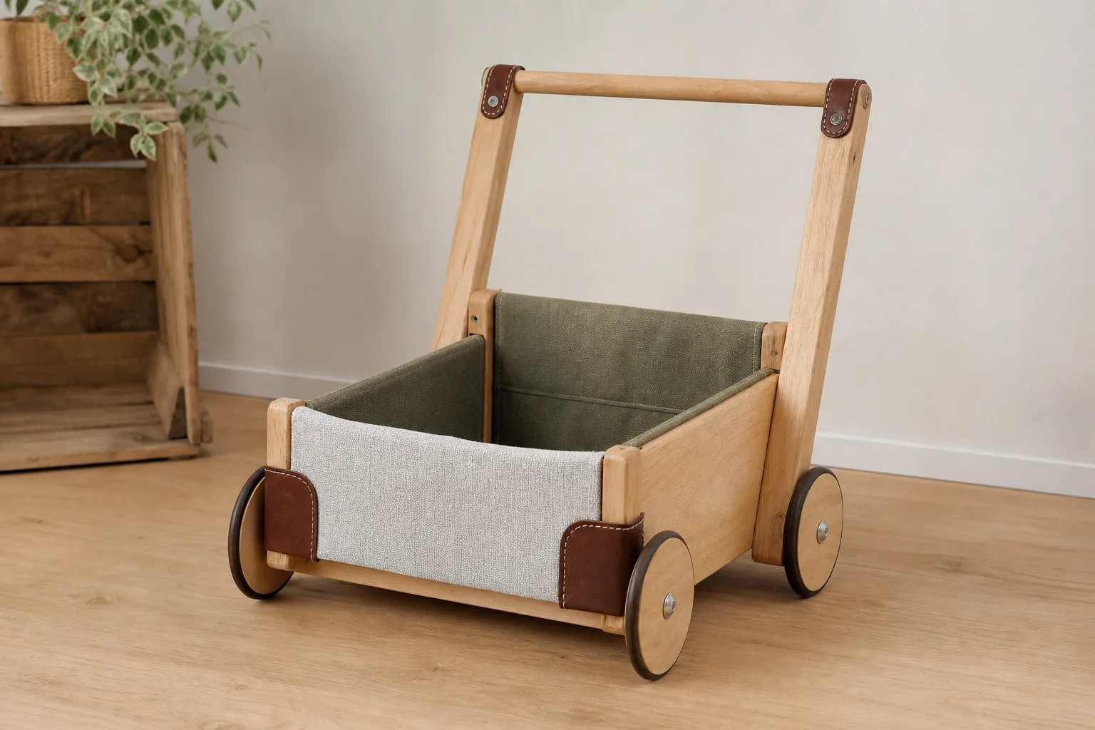 Lauflernwagen Upcycling mit Stoff- und Leder-Details selber machen